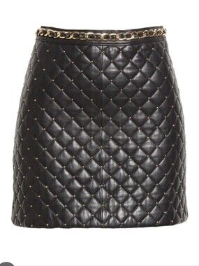 Alice + Olivia Black Quilted Vegan Leather A-Line Mini Skirt with Gold Chain